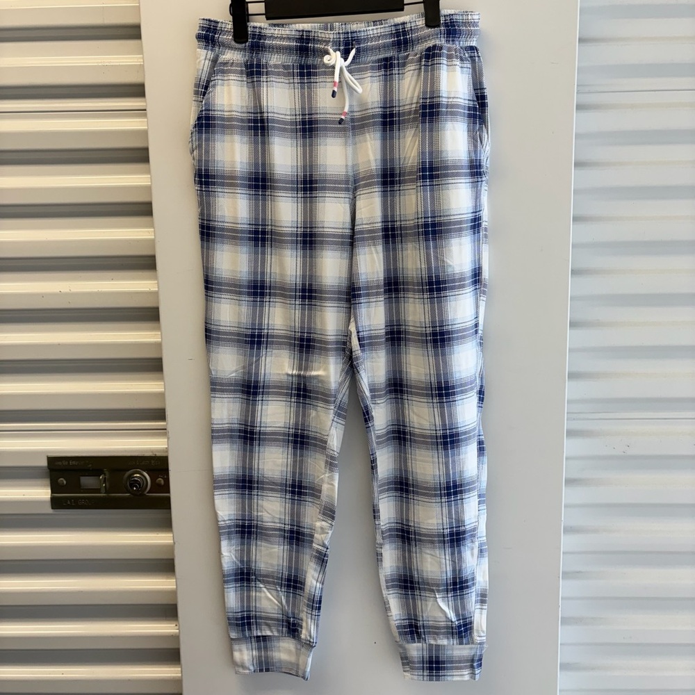 Eddie Bauer White and Blue Plaid Drawstring Pajama Pants Size M